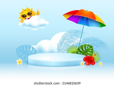 Light blue summer background, 3d product podium with a multicolored beach umbrella, tropical plants and hibiscus flower under the sunbeams. Advertising banner template. Vector illustration.
