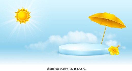 Light blue summer background, 3d product podium with a yellow beach umbrella and hibiscus flower under the sunbeams. Advertising banner template. Vector illustration.