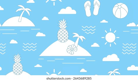 A light blue summer themed pattern with white outlines of pineapples, islands, palm trees, sun, clouds, waves, beach ball, and flip flops.