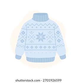 Light blue sweater with Nordic snowflake pattern, cozy winter sweater symbolizing comfort and style, sweater illustration perfect for holiday apparel, hygge themes and seasonal decor.
