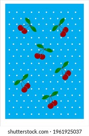 mantel azul claro con puntos de polka blanco con cerezas muy rojas y hojas verdes