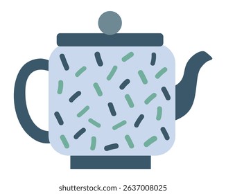 Light blue teapot with dark lid and handle featuring green and dark sprinkles, isolated on a white background, representing teatime, hot drinks, and cozy moments