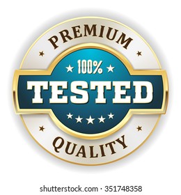 Light blue tested premium quality badge with gold border