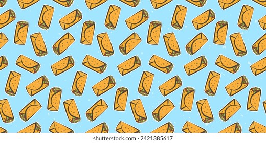 Light blue textured seamless pattern with colorful Mexican burrito. Cute doodle texture with shawarma sandwich for fastfood design, food textile, banner, menu, surface