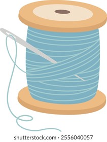 Light blue thread wound neatly on a wooden spool features a needle inserted, offering readiness for various sewing, embroidery, or needlework projects and crafts