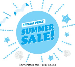 Light blue title design of the summer sale. The sun, gull, starfish and shellfish.