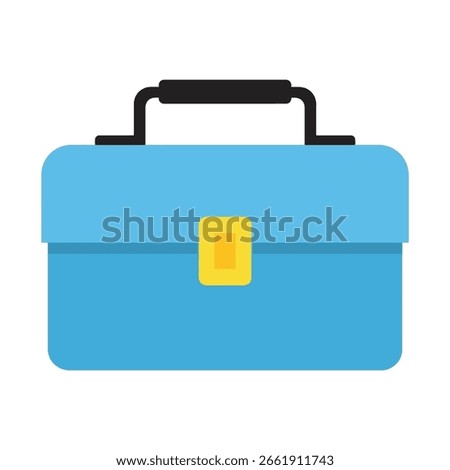 A light blue toolbox with a black handle and a yellow rectangular latch in the center. The toolbox is rectangular with rounded edges.