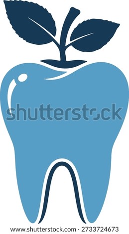 A light blue tooth icon with a dark blue leaf and stem on top, isolated on a pure white background, in a clean and minimalist style.