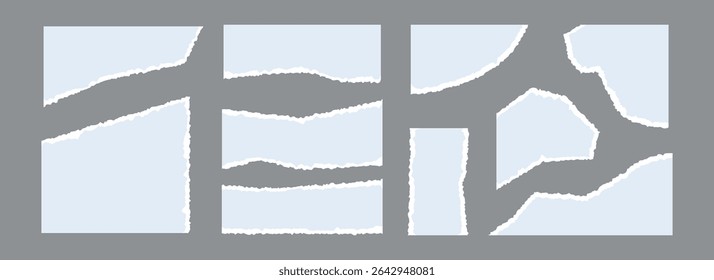 Light blue torn paper pieces collection. Ripped paper sheet strips set. Shapes and elements with jagged uneven edges for collage, text box, banner, sticker, poster. Vector textured cardboard fragments