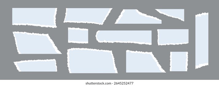Light blue torn paper pieces set. Ripped paper sheet strips collection. Shapes and elements with jagged uneven edges for collage, text box, banner, sticker, poster. Vector textured cardboard fragments