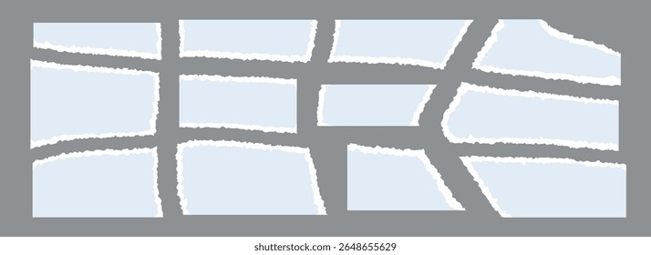 Peças de papel rasgadas azul claro ajustadas. Coleção de faixas de folha de papel rasgadas. Formas e elementos com bordas irregulares irregulares para colagem, caixa de texto, faixa, adesivo, cartaz. Fragmentos de papelão texturizados vetoriais