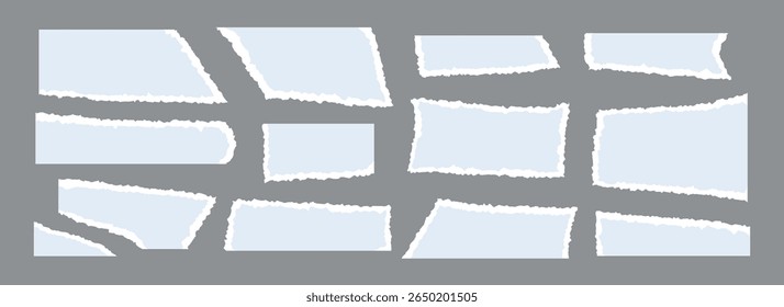Light blue torn paper pieces set. Ripped paper sheet strips collection. Shapes and elements with jagged uneven edges for collage, text box, banner, sticker. Vector rip textured cardboard fragments