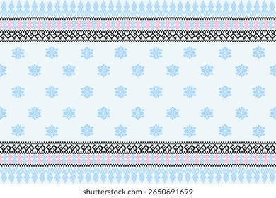 Light Blue Traditional Thai Textile Pattern with Pixel Art Floral Motifs and Decorative Borders in Pink and Black – Seamless Ethnic Fabric Background for Cultural Design, Fashion, or Craft Projects