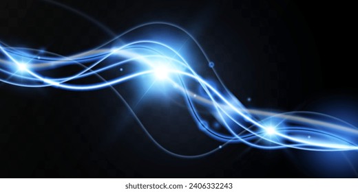 Light blue trail wave vector.Wavy glowing blue smooth curved lines.Neon laser wave,glowing light effect,blue trail.	