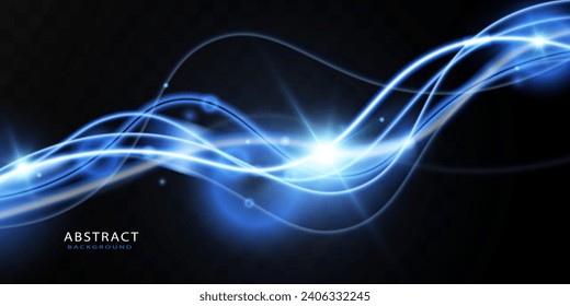 Light blue trail wave vector.Wavy glowing blue smooth curved lines.Neon laser wave,glowing light effect,blue trail.	