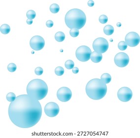 Burbujas transparentes azules claras de varios tamaños que flotan en un fondo blanco limpio