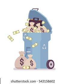 Light blue trash bin on wheels full of banknotes, dollar sacks, case with money, challenge to get rid of richness, rejection of luxury life, success, escape from wealthy style, spend money for nothing