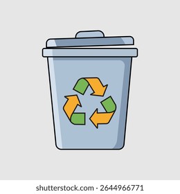 A light blue trash can with a lid and a prominent green and orange recycling symbol. Ideal for waste sorting, sustainability, and environmental themes.