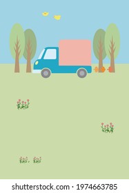 A light blue truck running, four trees, two little yellow birds, and some pink flowers