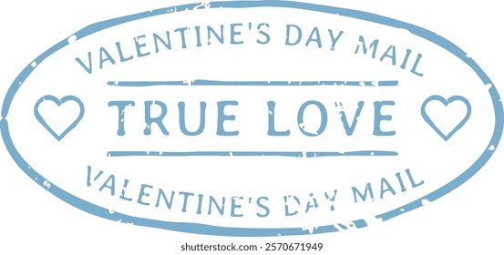 Light blue true love Valentine s Day mail oval rubber stamp featuring two hearts, symbolizing deep affection and romance, perfect for expressing love on February 14