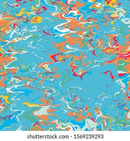 Light blue, turquoise, orange, white marbling effect swirls trendy background. For design cover, invitation, flyer, poster, business card, design packaging. Vector illustration.