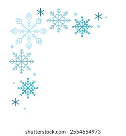 Light blue and turquoise vector snowflakes creating a winter or christmas themed border frame on a white background.