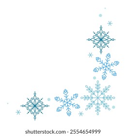 Light blue and turquoise vector snowflakes creating a winter or christmas themed border frame on a white background.