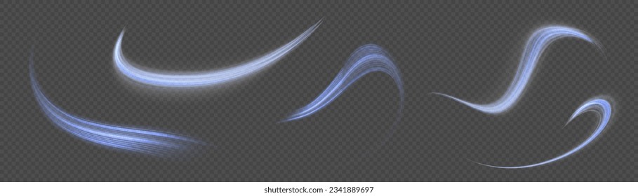 Giro azul claro. Efecto de la luz de curva de la línea azul. Círculo azul luminoso. Onda semicírculo, giro de la curva de traza luminosa, png incandescente de fibra óptica. Curvas dinámicas y desenfoque de patrones vectoriales. 