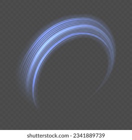Light blue twirl. Curve light effect of blue line. Semicircular wave, light trail curve swirl, optical fiber incandescent png. Dynamic curves and vector pattern blur. Luminous blue circle. 