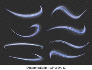 Light blue twirl. Curve light effect of blue line. Semicircular wave, light trail curve swirl, optical fiber incandescent png. Dynamic curves and vector pattern blur. Luminous blue circle. 