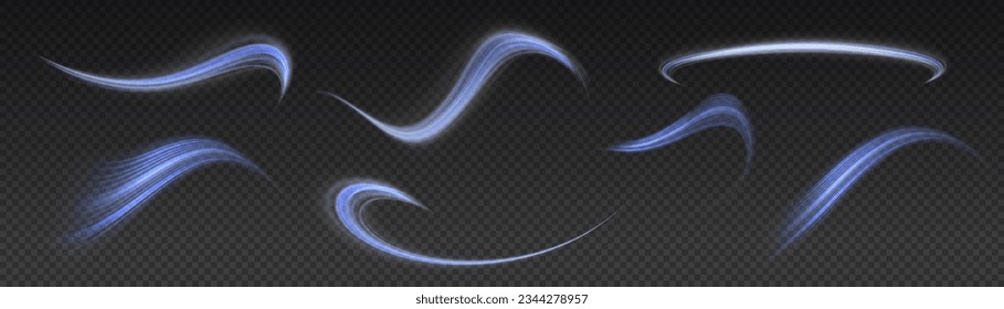 Light blue twirl. Curve light effect of blue line. Semicircular wave, light trail curve swirl, optical fiber incandescent png. Dynamic curves and vector pattern blur. Luminous blue circle. 