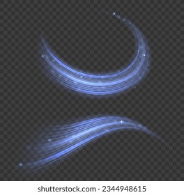 Light blue twirl. Curve light effect of blue line. Semicircular wave, light trail curve swirl, optical fiber incandescent png. Dynamic curves and vector pattern blur. Luminous blue circle. 