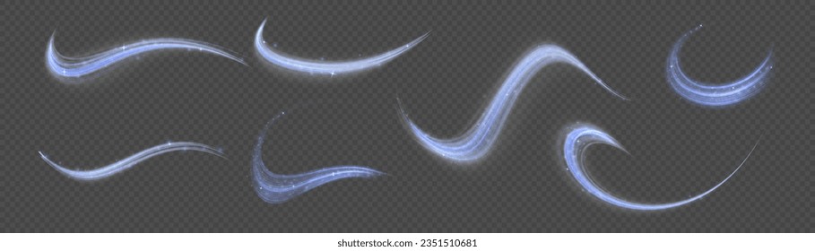Light blue twirl. Curve light effect of blue line. Dynamic curves and vector pattern blur. Luminous blue circle. Semicircular wave, light trail curve swirl, optical fiber incandescent png. 