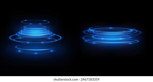 Torbellino azul claro. Efecto de luz de curva de línea de neón. Círculo azul luminoso. Pedal de neón ligero, podio, plataforma, mesa. Vector PNG. Ilustración vectorial	
