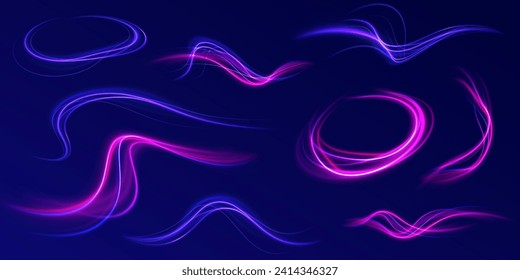 Light blue Twirl. Blue glowing shiny speed lines effect vector background. Pink curved rope, tape. Smooth festive neon line with light effects. Futuristic trails. Bright twist. Purple wave swirl. 