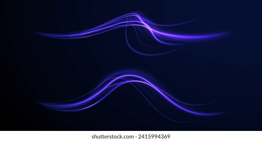 Light blue Twirl. Blue glowing shiny speed lines effect vector background. Pink curved rope, tape. Smooth festive neon line with light effects. Futuristic trails. Bright twist. Purple wave swirl. 