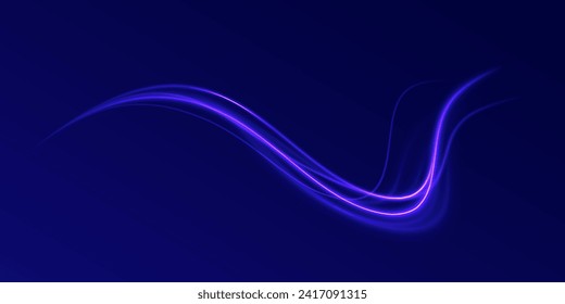 Light blue Twirl. Blue glowing shiny speed lines effect vector background. Pink curved rope, tape. Smooth festive neon line with light effects. Futuristic trails. Bright twist. Purple wave swirl. 