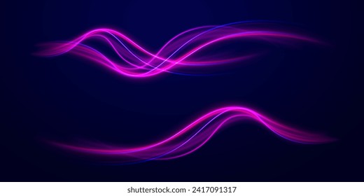 Light blue Twirl. Blue glowing shiny speed lines effect vector background. Pink curved rope, tape. Smooth festive neon line with light effects. Futuristic trails. Bright twist. Purple wave swirl. 