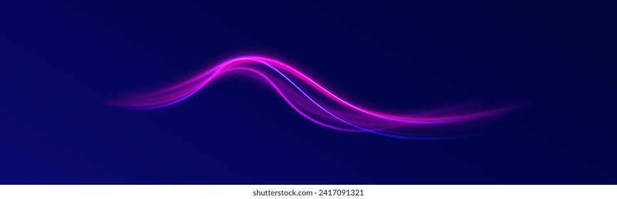 Light blue Twirl. Blue glowing shiny speed lines effect vector background. Pink curved rope, tape. Smooth festive neon line with light effects. Futuristic trails. Bright twist. Purple wave swirl. 