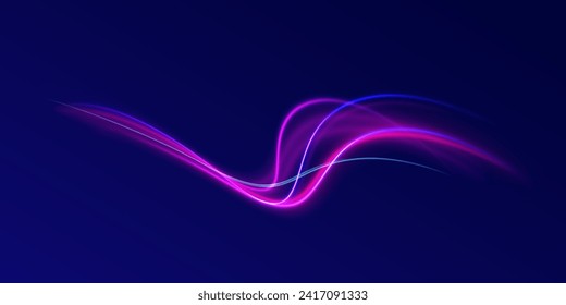 Light blue Twirl. Blue glowing shiny speed lines effect vector background. Pink curved rope, tape. Smooth festive neon line with light effects. Futuristic trails. Bright twist. Purple wave swirl. 