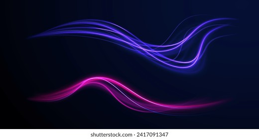 Light blue Twirl. Blue glowing shiny speed lines effect vector background. Pink curved rope, tape. Smooth festive neon line with light effects. Futuristic trails. Bright twist. Purple wave swirl. 