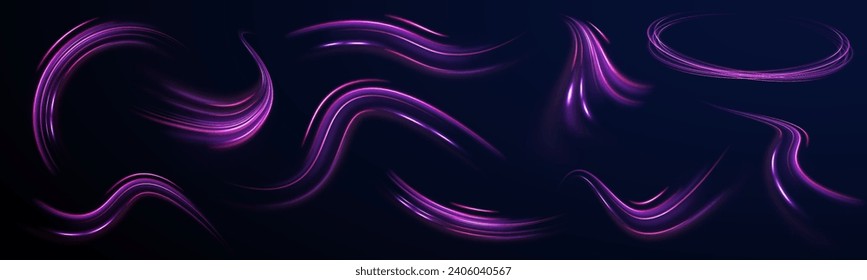 Light blue twirl. Light wave, fire path trail and filament curve rotation. Rounded neon line with light effect. Bright spiral, purple twist vector.