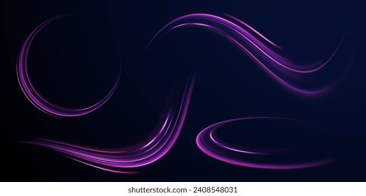 Giro azul claro. Ola de luz, recorrido de fuego y rotación de la curva de filamento. Línea de neón redondeada con efecto ligero. Espiral brillante, vector de giro púrpura.