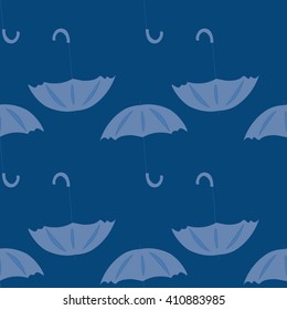 Light blue umbrella  on blue background. Abstract geometric seamless pattern. Fashion stylish design of seasons.  Template for prints, textile, wrapping and decoration, wallpaper. Vector illustration.