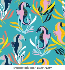 Light blue with an underwater scene with seahorses seamless pattern background design.