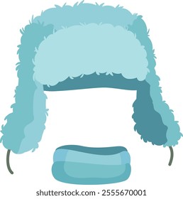 Light blue ushanka protecting from cold weather with ear covering flaps and neck cover, winter clothes, warm hat, isolated on white background