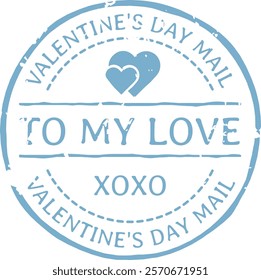 Light blue Valentine s Day mail stamp featuring xoxo hugs and kisses alongside two hearts, beautifully symbolizing love and romance in a vintage design