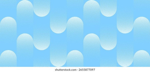 Light blue vector abstract wide panoramic clean background featuring halftone gradient effects with grainy texture. Vertical rounded forms with clean geometric rhythm and smooth stylized dot blending