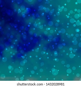 Light BLUE vector backdrop with circles, stars. Illustration with set of colorful abstract spheres, stars. Design for textile, fabric, wallpapers.