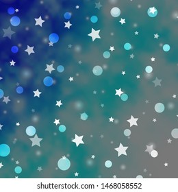 Light BLUE vector backdrop with circles, stars. Illustration with set of colorful abstract spheres, stars. Pattern for design of fabric, wallpapers.